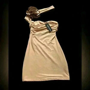 NWT Pretty Little Things sz 4 Stone slinky ruched rosette bodycon dress